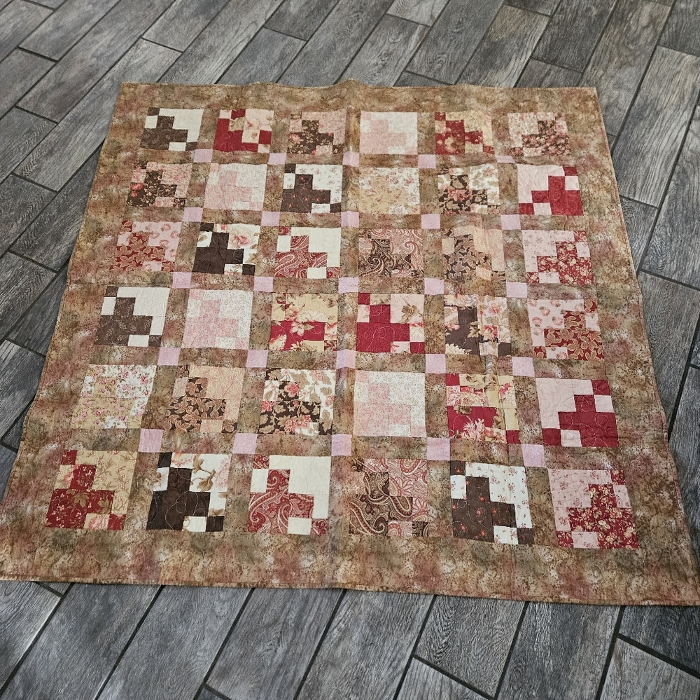 Handmade Patchwork Throw Quilt in Red, Pink, Brown Floral Throw Size 54" X 54"